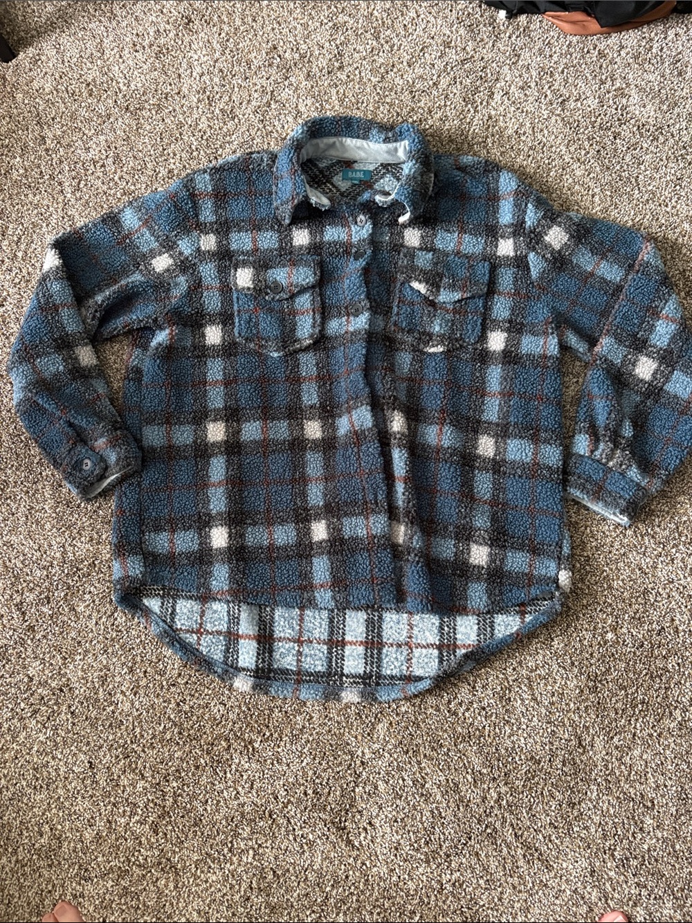 Lands' End Blue and Black Plaid Sherpa Button-Down Jacket Babe